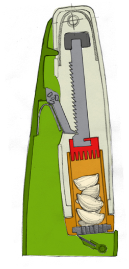 Section sketch showing the garlic mincer mechanism