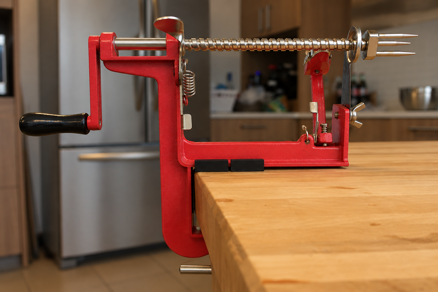 Traditional cast-iron apple parer clamped to a countertop