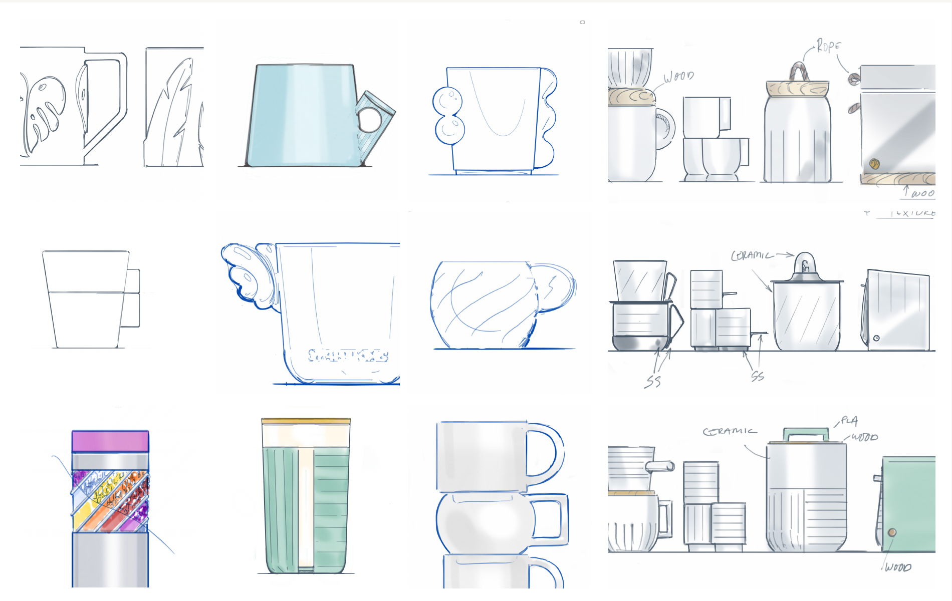 A composed board of beverageware sketches, shaders, form studies, and collection groupings