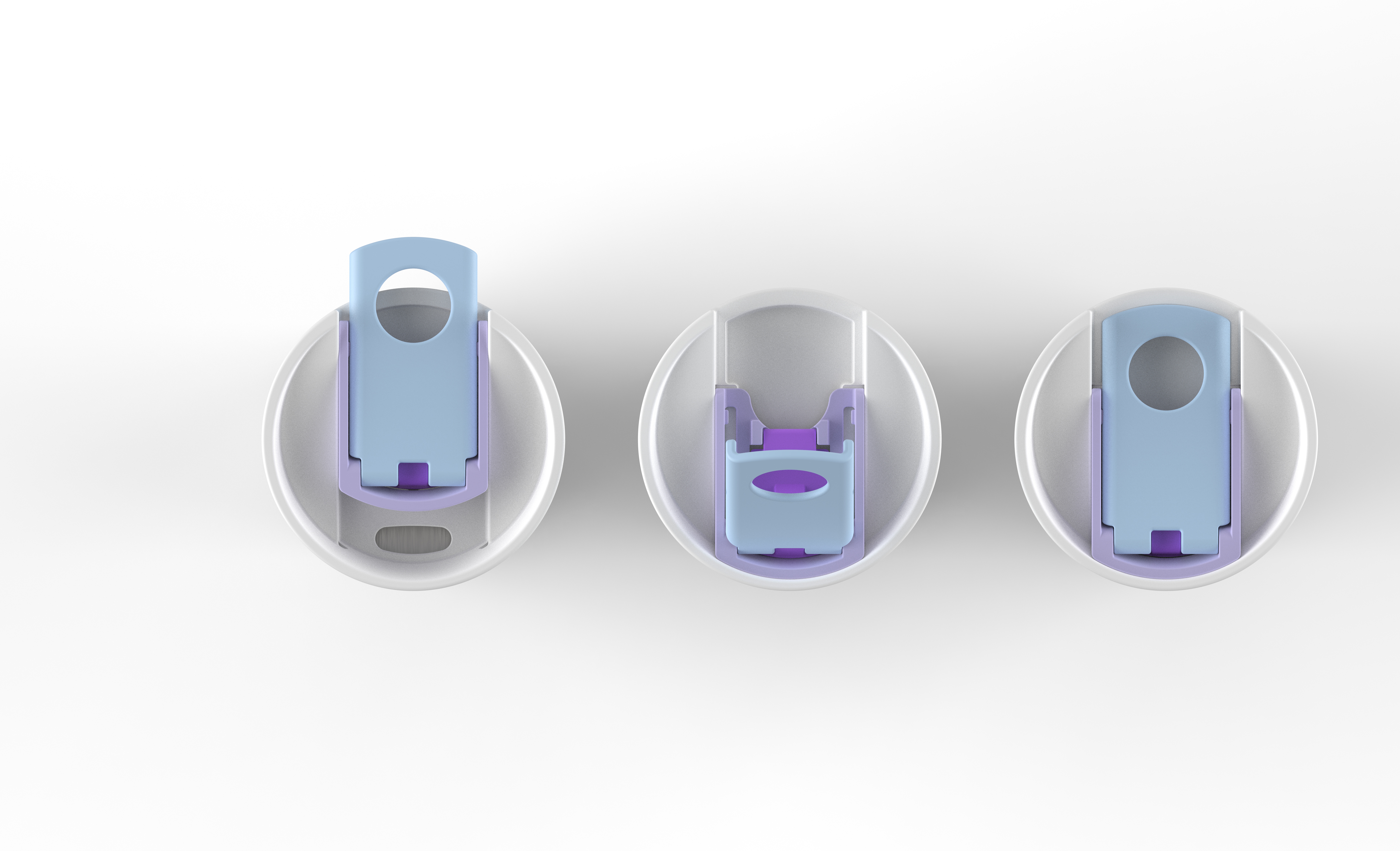 Three enlarged top-view renderings showing lid mechanism states