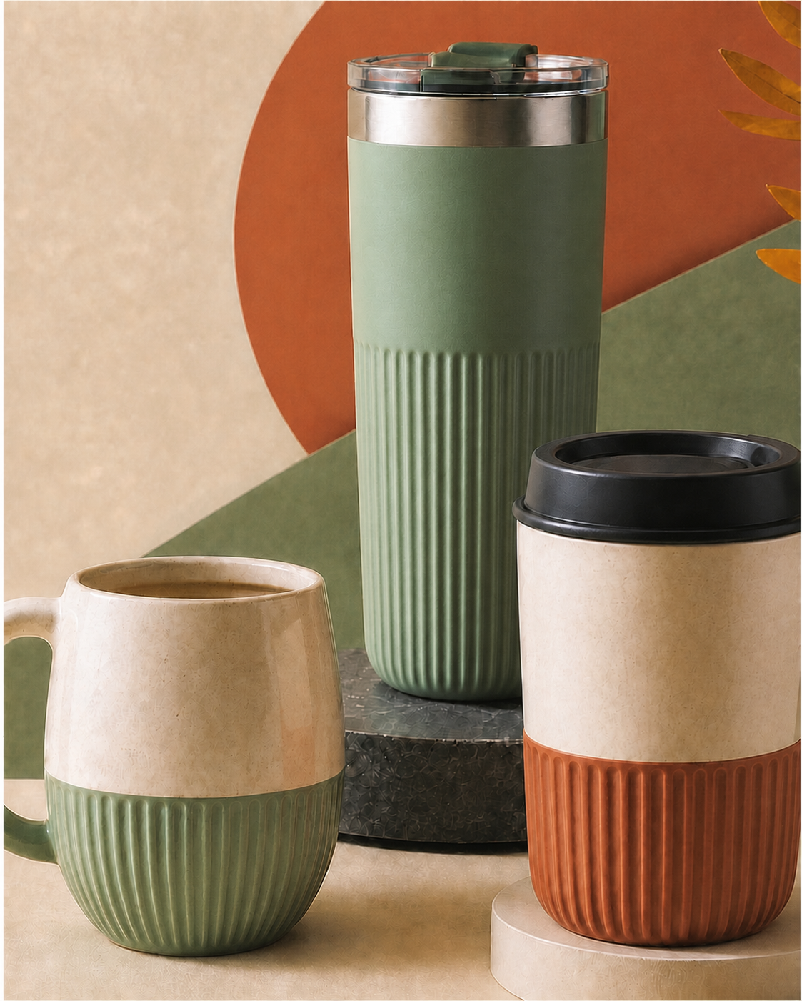 Coordinated beverageware collection in sage, ivory, and softened Mediterranean terracotta