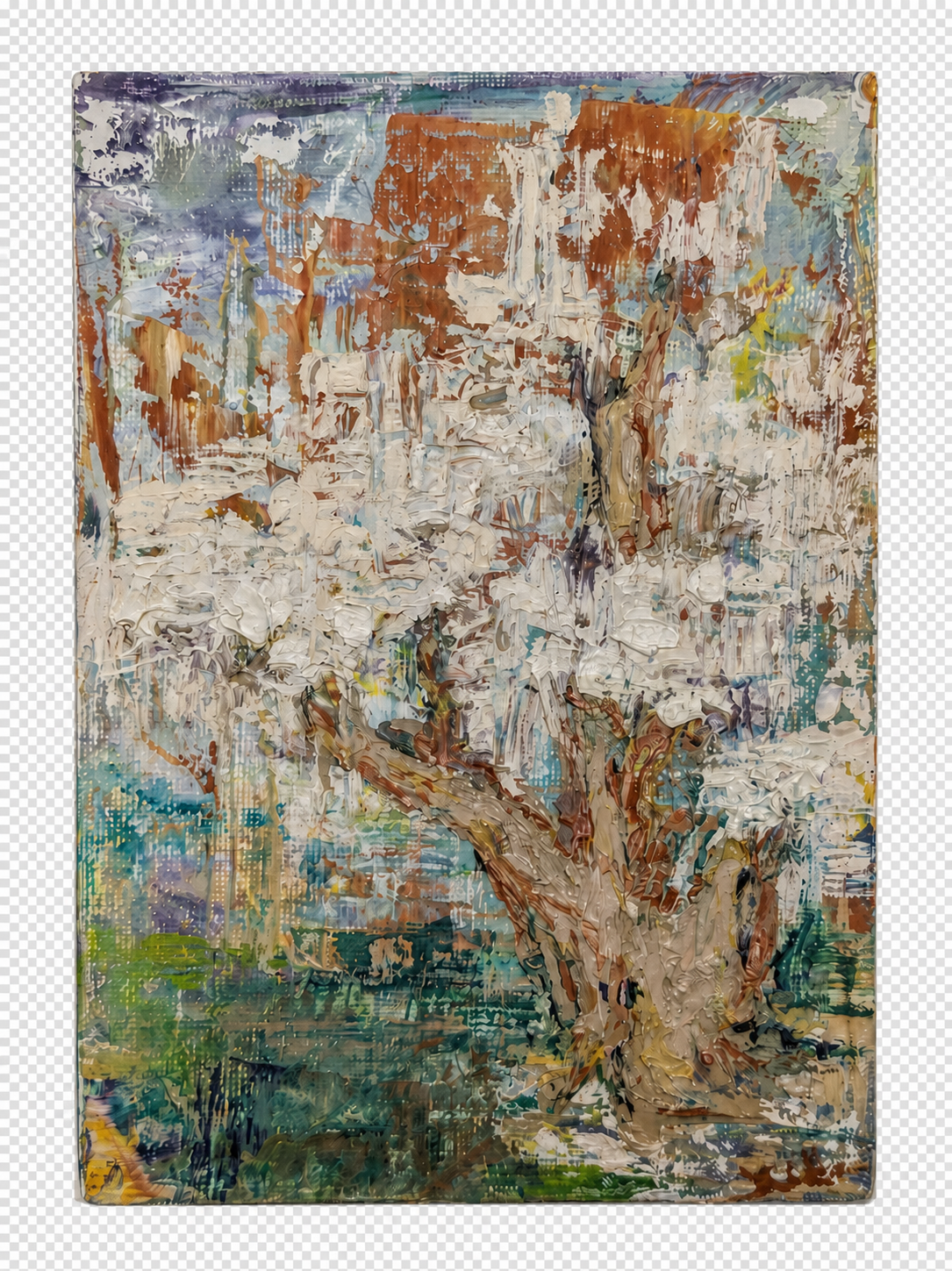 Abstract impasto painting of a tree with white blossoms