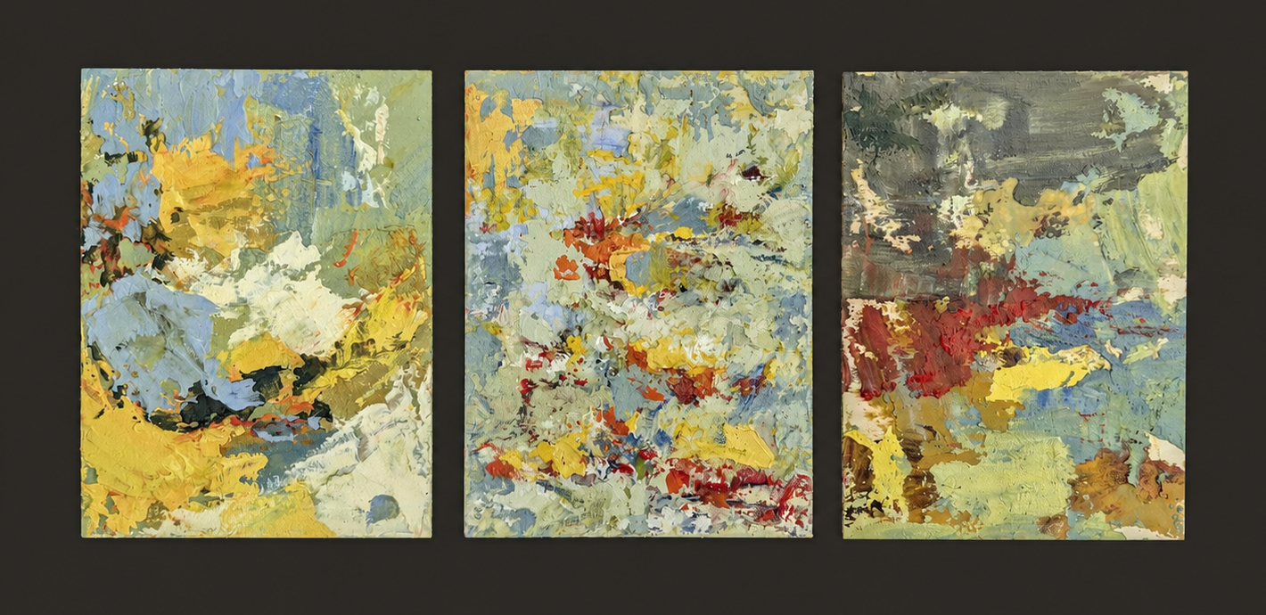 Three small impasto abstract paintings presented as a series