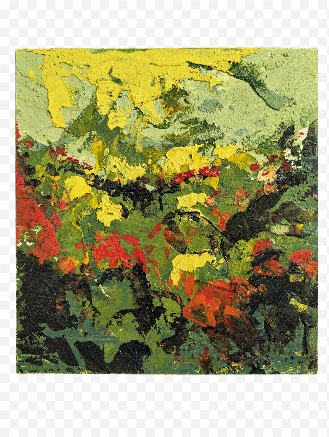 Yellow, green, coral, and black impasto abstract painting