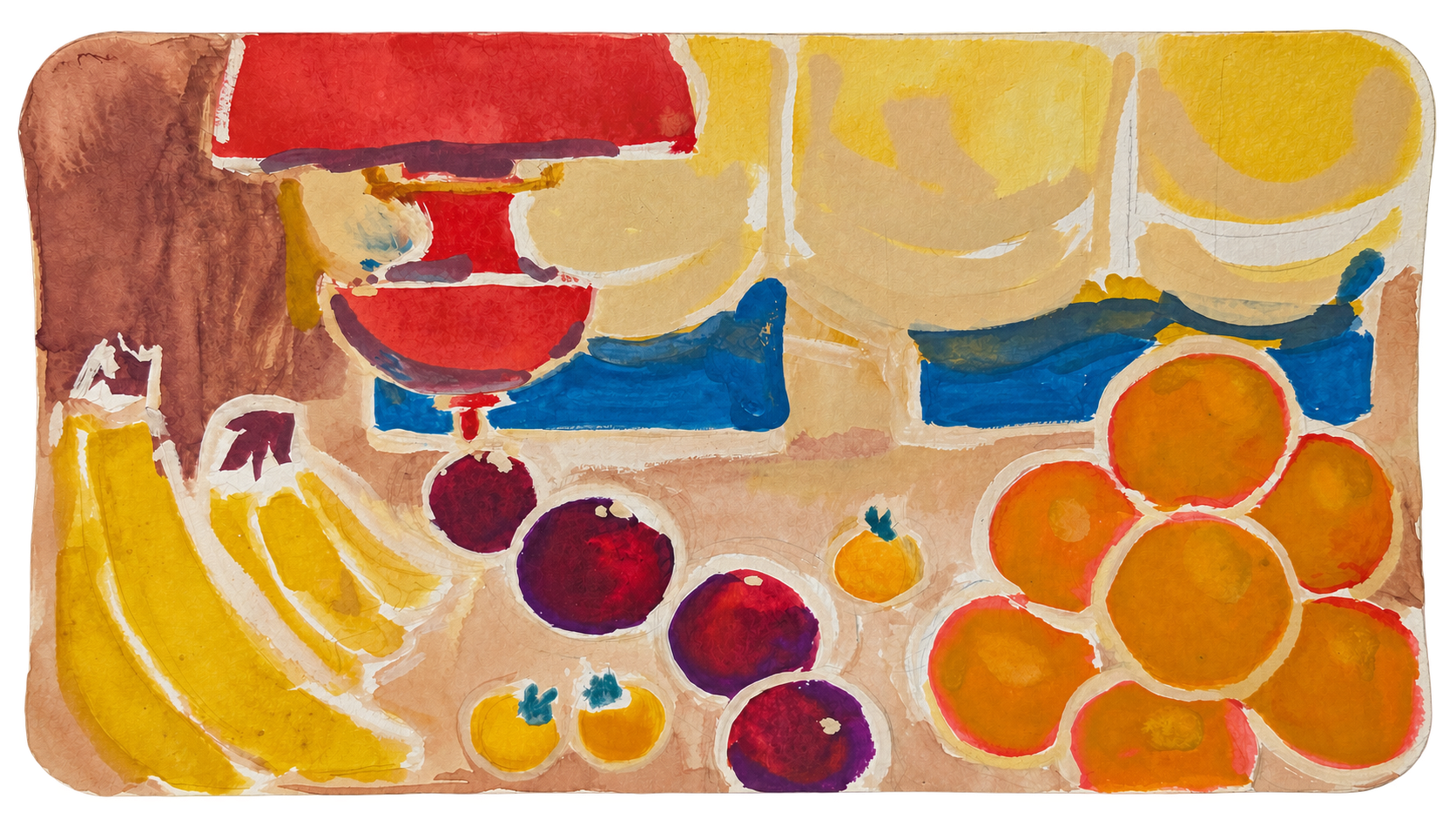 Colorful watercolor study of produce and market objects beneath a red lamp