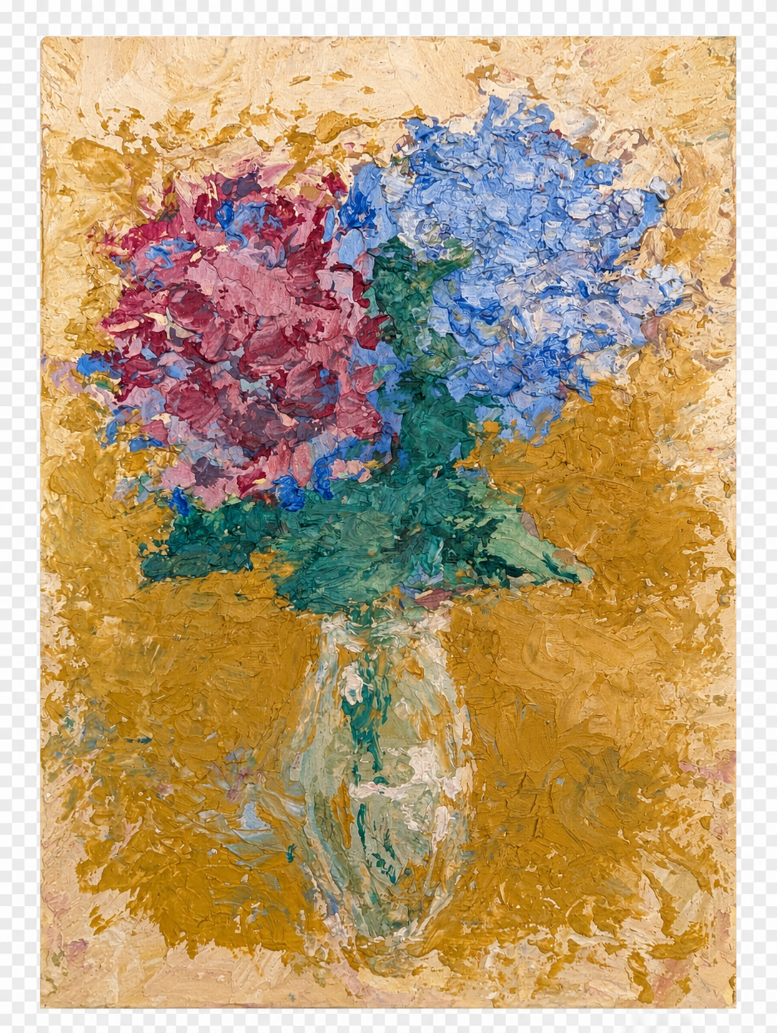 Textured still life of pink and blue hydrangeas